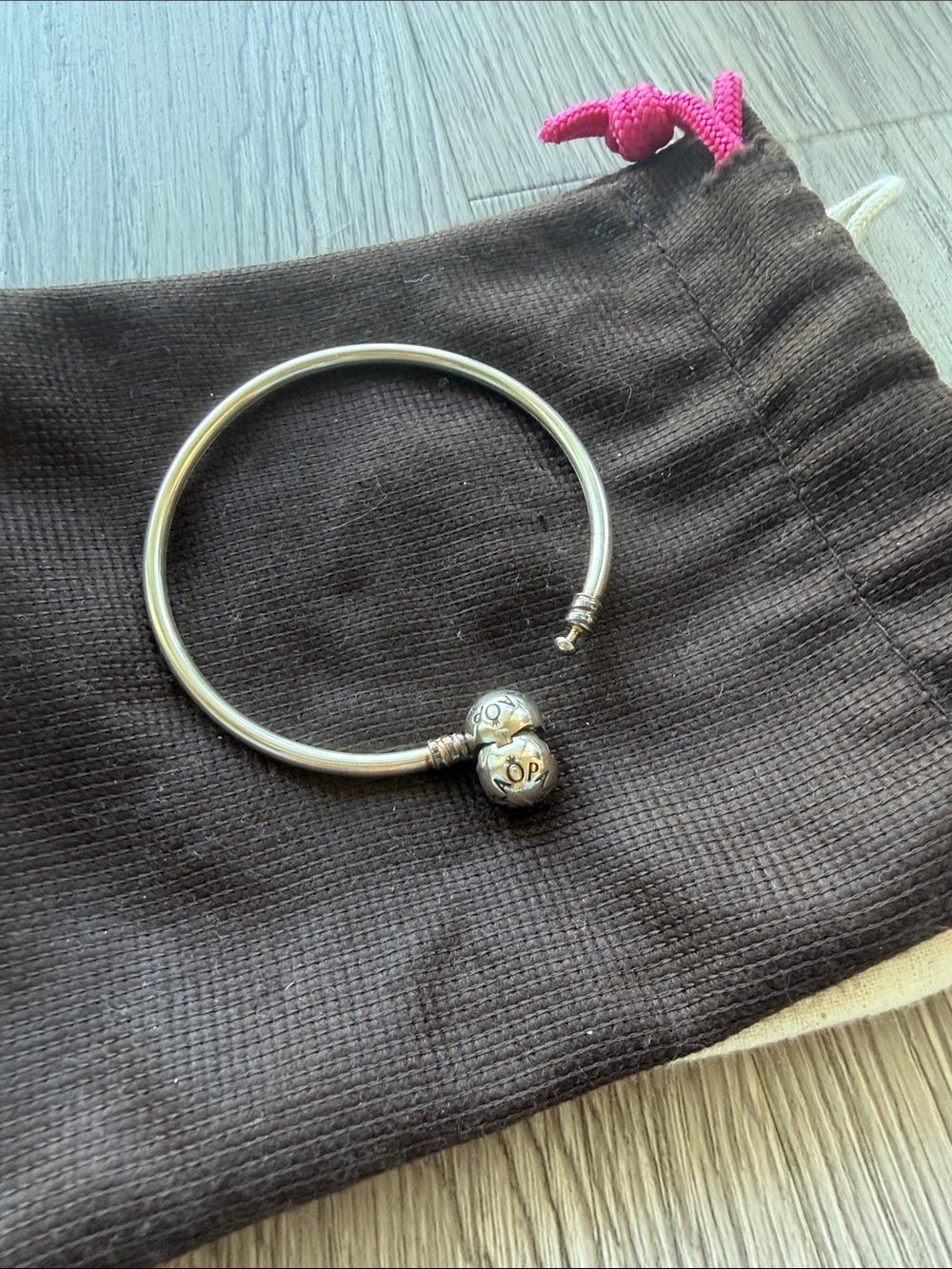 Pandora Sterling Silver Open Bangle with Logo Charms